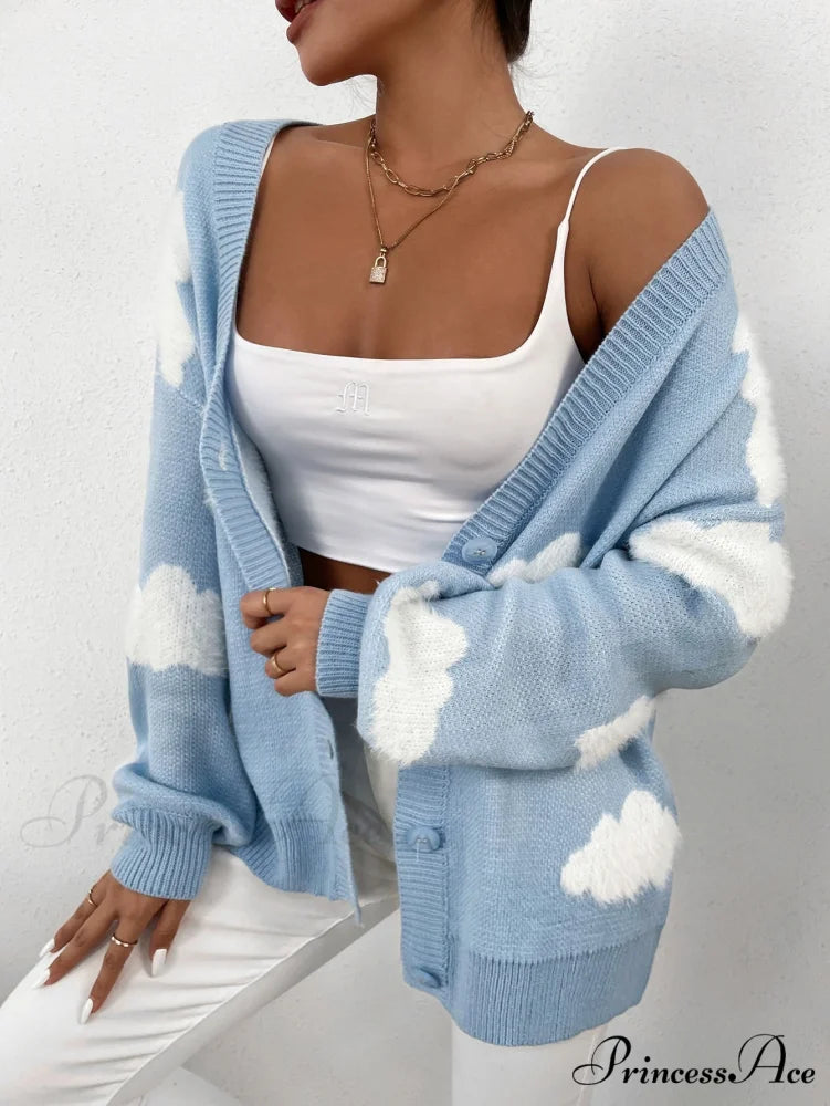 Drop Shoulder Cloud Pattern Cardigan