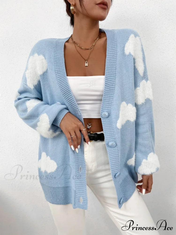 Drop Shoulder Cloud Pattern Cardigan