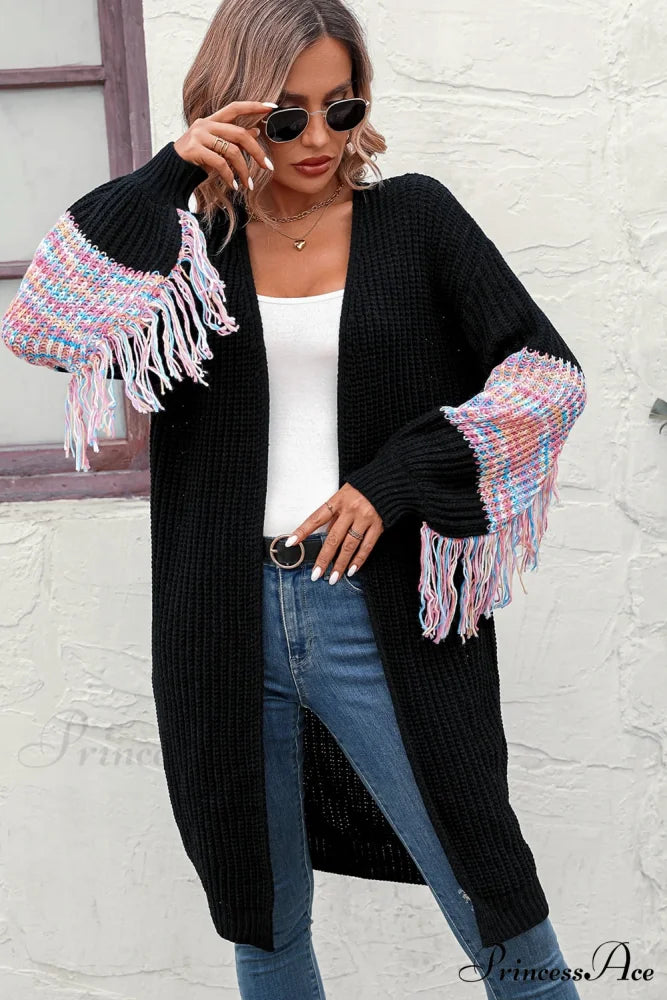Dropped Fringe Cardigan Arm with Shoulder Black / S