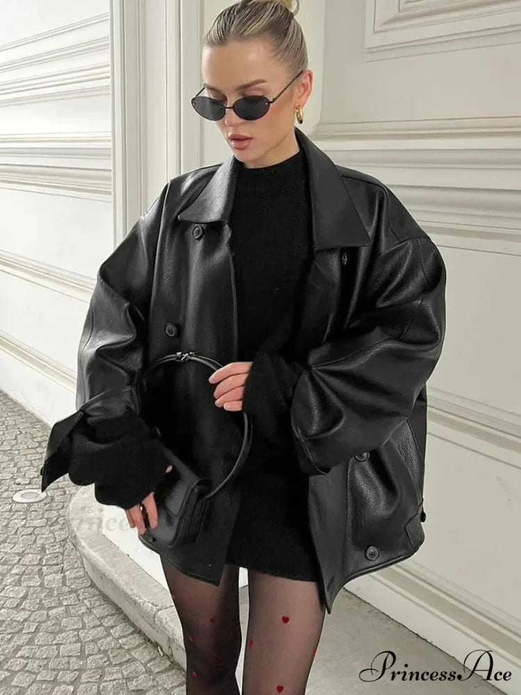 Dual Breasted Ebony Collar Leather Coat Black / S coats-241228