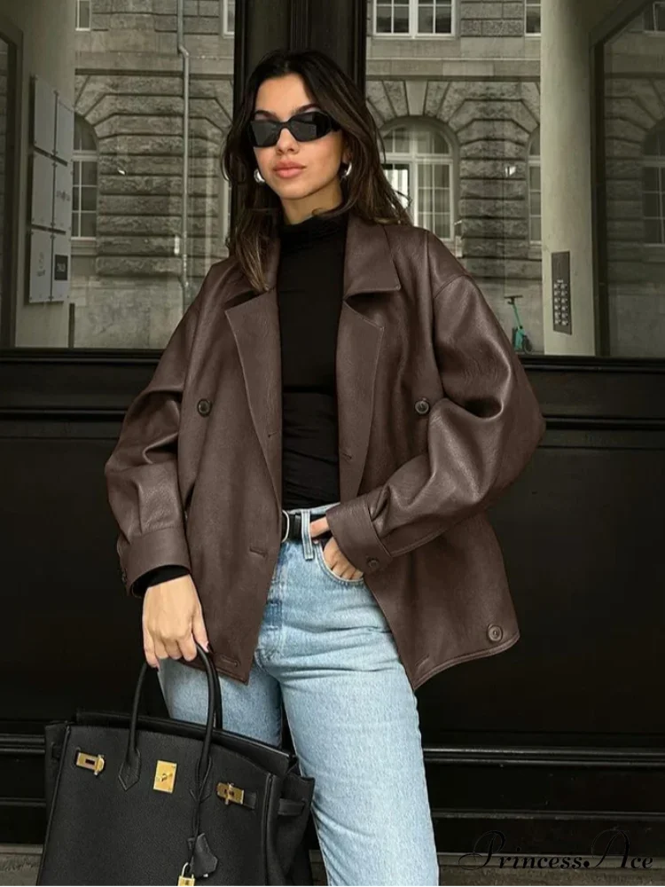 Dual Breasted Ebony Collar Leather Coat Brown / S coats-241228