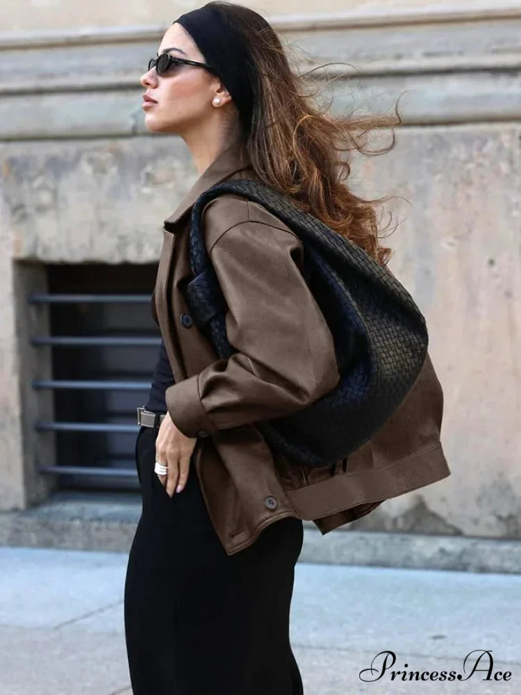 Dual Breasted Ebony Collar Leather Coat coats-241228