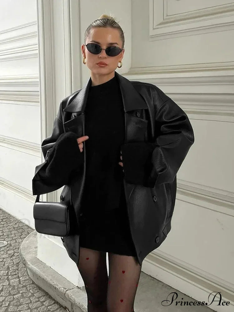 Dual Breasted Ebony Collar Leather Coat coats-241228