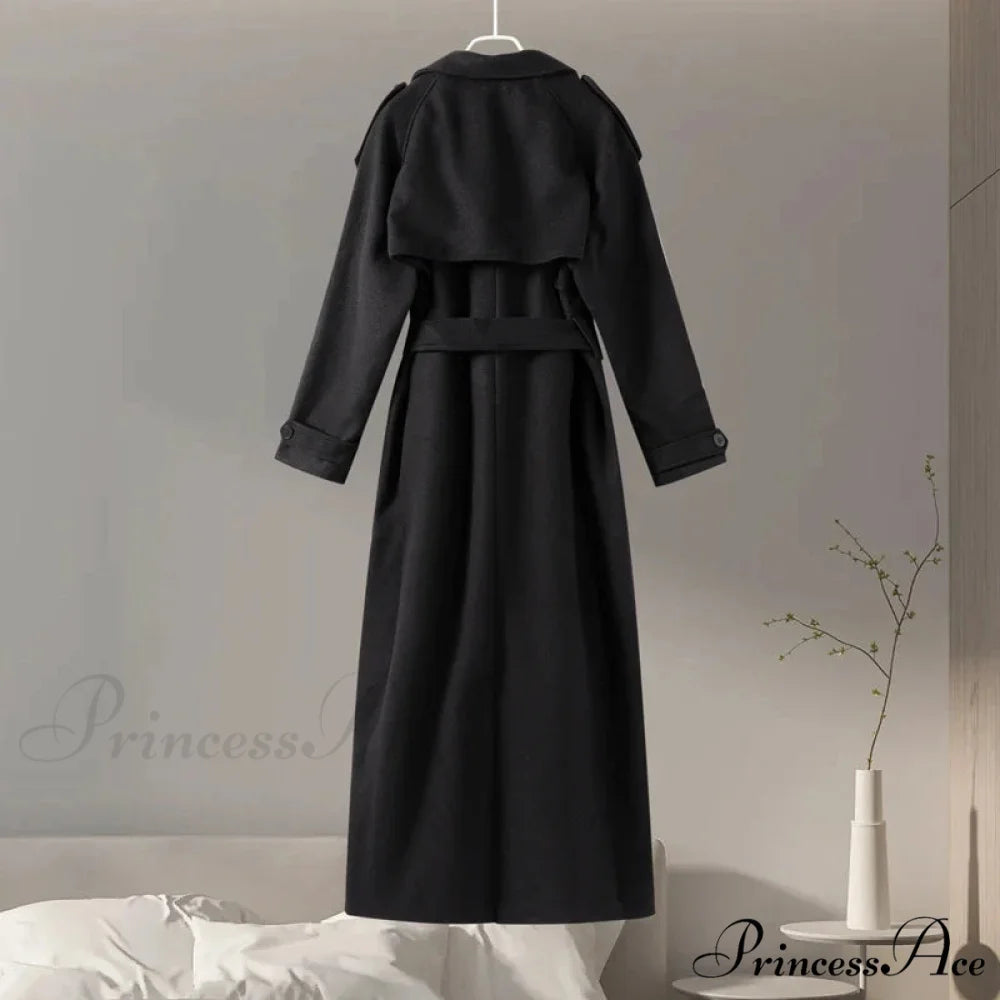 Dual-Breasted Wool Cinched Overcoat Black / S overcoats-241228