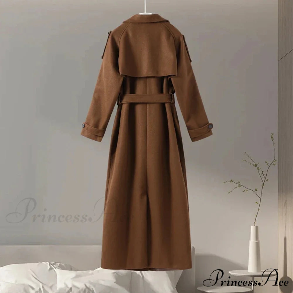 Dual-Breasted Wool Cinched Overcoat Brown / S overcoats-241228