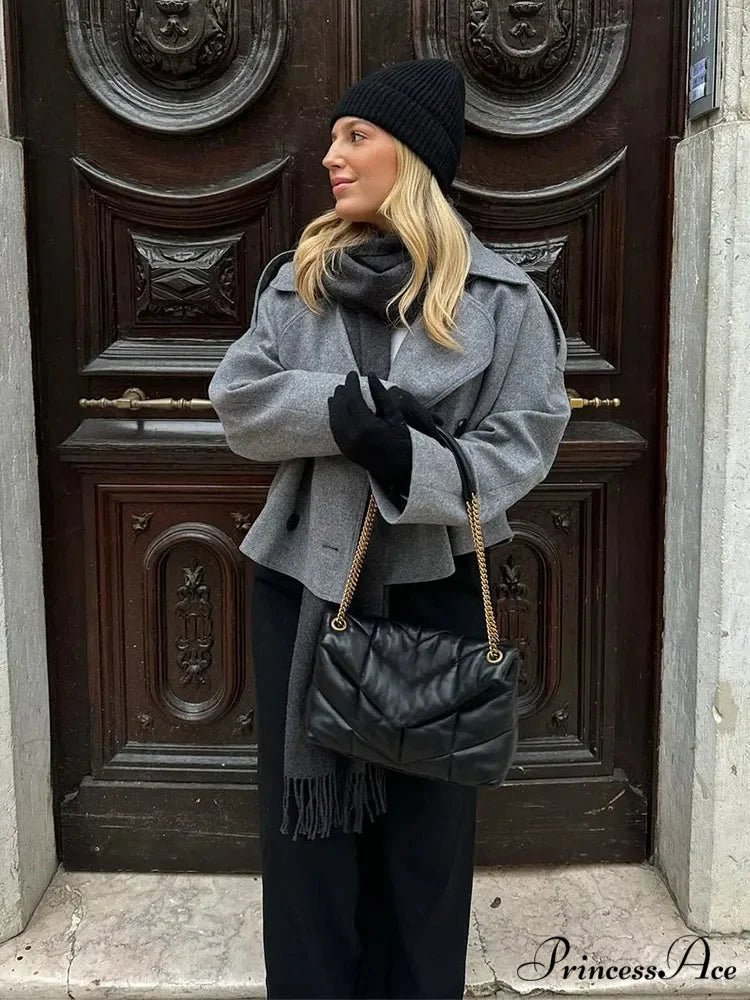 Dual Breasted Woolen Mix Coat Grey / S coats-241228