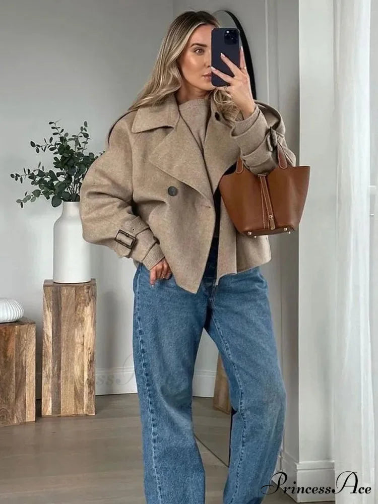 Dual Breasted Woolen Mix Coat Khaki / S coats-241228