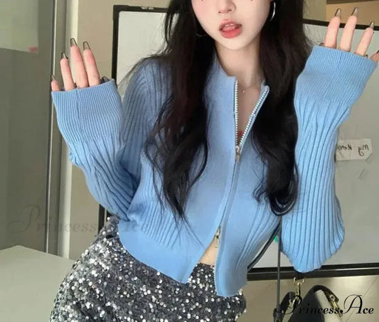 Dual-Headed Zipper Premium Knitted Cardigan Jacket Blue / one size (36-60KG) cardiagn-250126