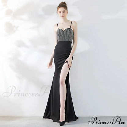 Dulce Hot Stone Charming Sling Long Dress BLACK / XS
