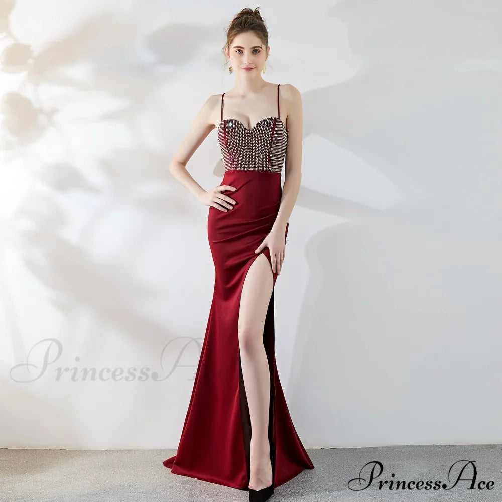 Dulce Hot Stone Charming Sling Long Dress BURGUNDY / XS