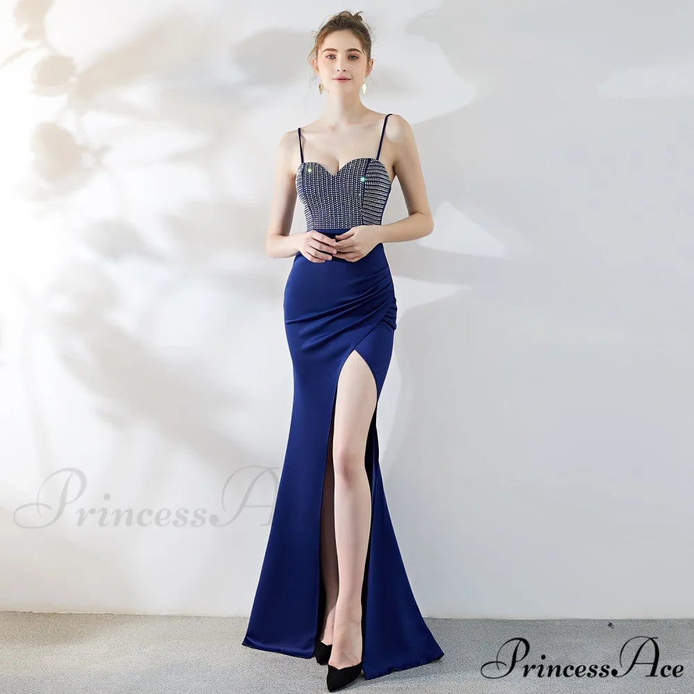 Dulce Hot Stone Charming Sling Long Dress NAVY / XS