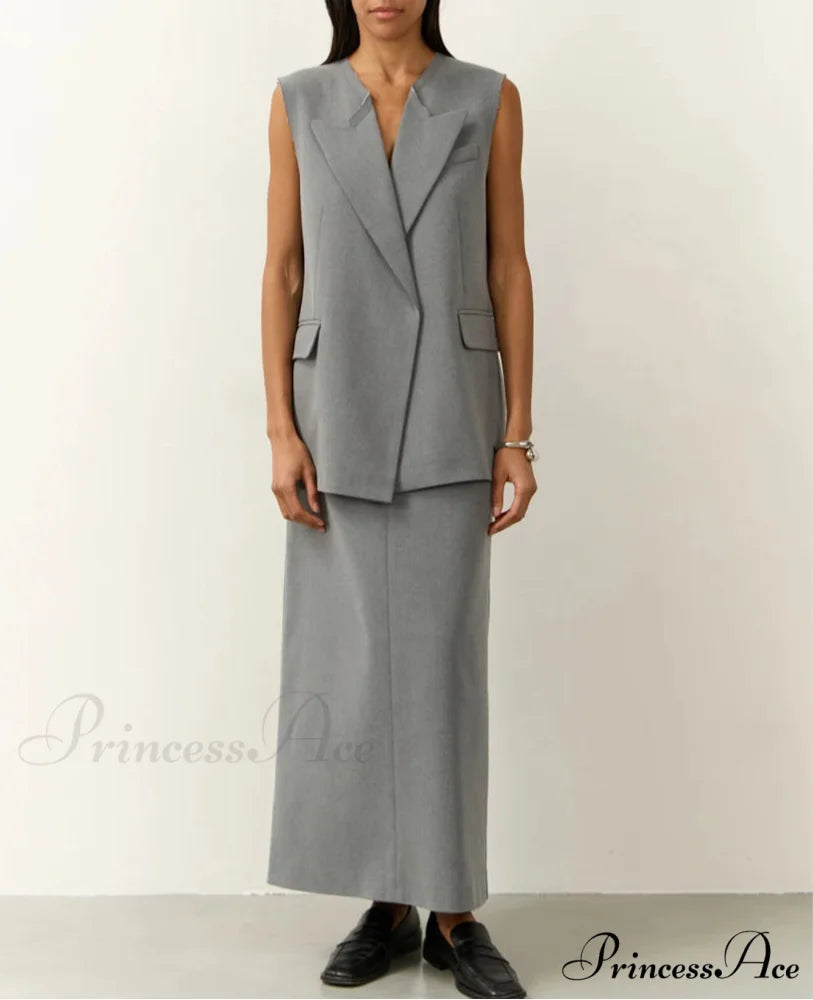 Dull Baggy Sleeveless Extended Workplace Two Piece Set GRAY / S officetwopieceset-250223
