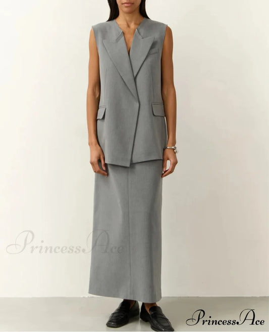 Dull Baggy Sleeveless Extended Workplace Two Piece Set GRAY / S officetwopieceset-250223
