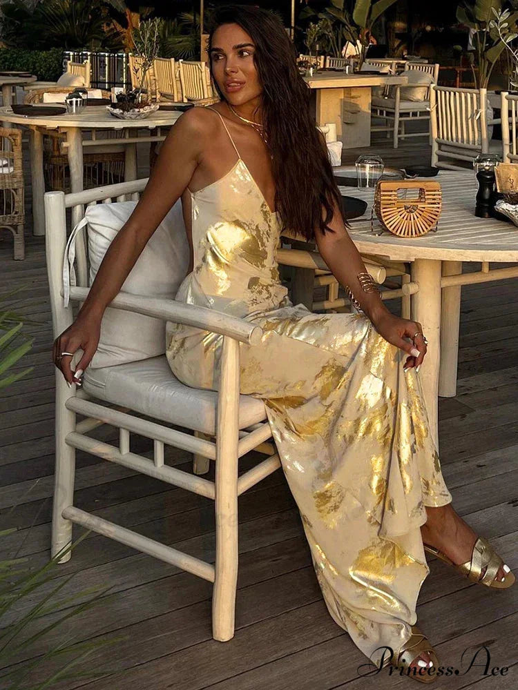 Dulzura Gold Strap V Neck Backless Long Metal Party Club OutFits Y2K Clothes 2024 Summer Floral Dress