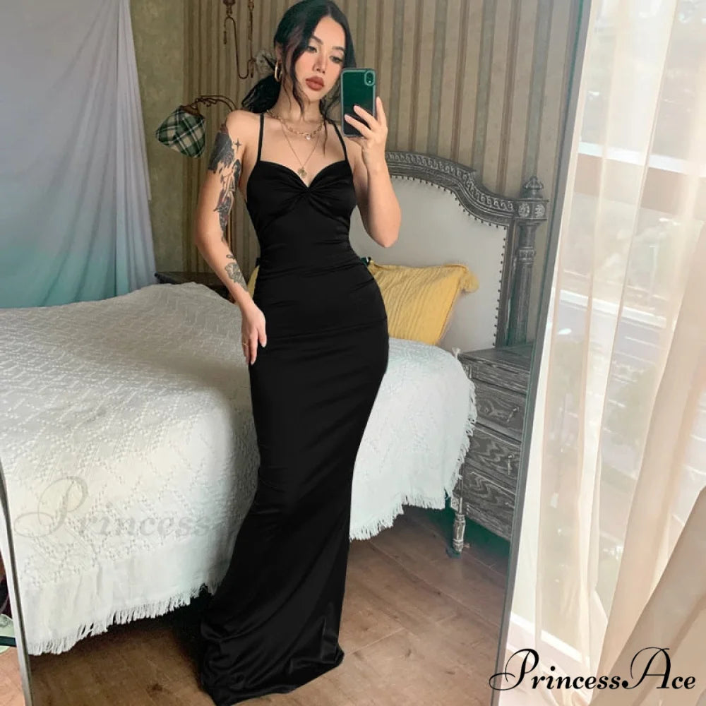 Dulzura Lace Up Women Solid Satin Maxi Dress Black / L