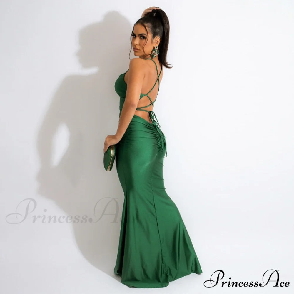 Dulzura Lace Up Women Solid Satin Maxi Dress Green / L