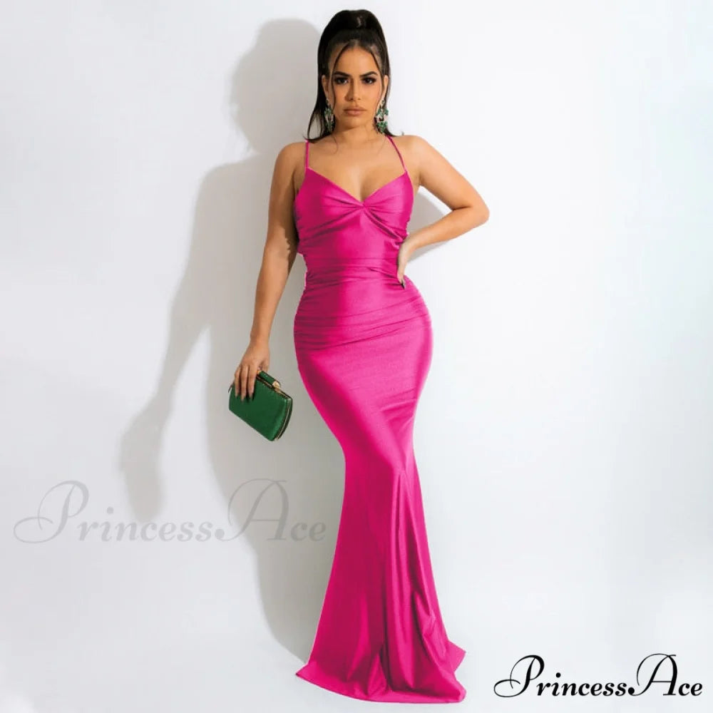 Dulzura Lace Up Women Solid Satin Maxi Dress rose red / L