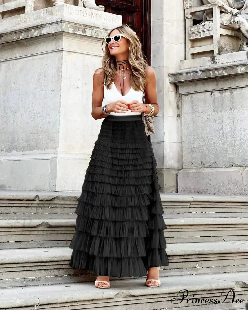 Durable Ball Gown Tall Waist Folded Mesh Dating Maxi Skirt Black 1 / S skirt-250126