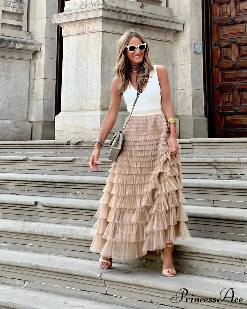 Durable Ball Gown Tall Waist Folded Mesh Dating Maxi Skirt Khaki / S skirt-250126