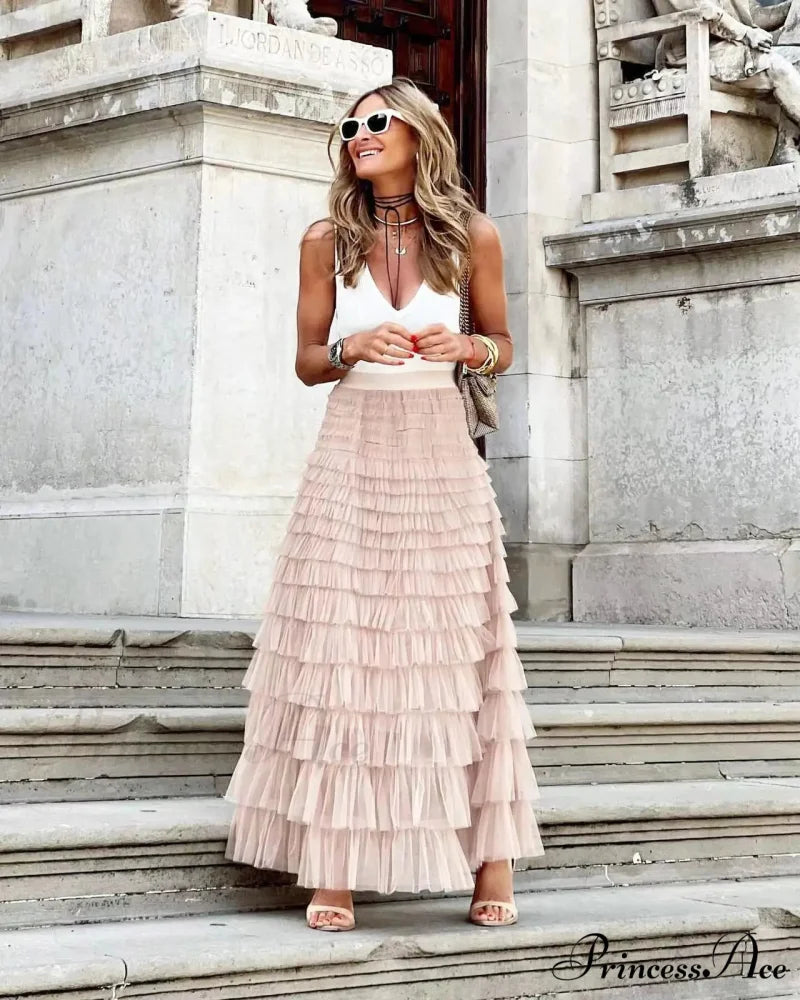 Durable Ball Gown Tall Waist Folded Mesh Dating Maxi Skirt Pink 1 / S skirt-250126