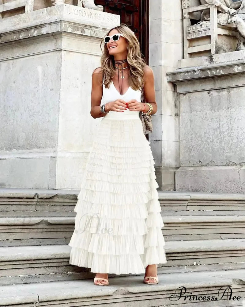 Durable Ball Gown Tall Waist Folded Mesh Dating Maxi Skirt White1 / S skirt-250126