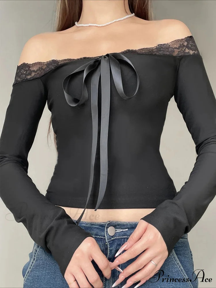 Durable Bow Patchwork Lace Slash Neck Extended Sleeve Knit Top Black / S knittop-250126