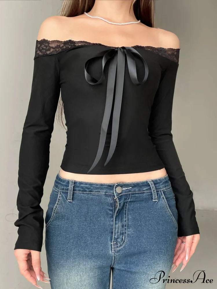 Durable Bow Patchwork Lace Slash Neck Extended Sleeve Knit Top knittop-250126