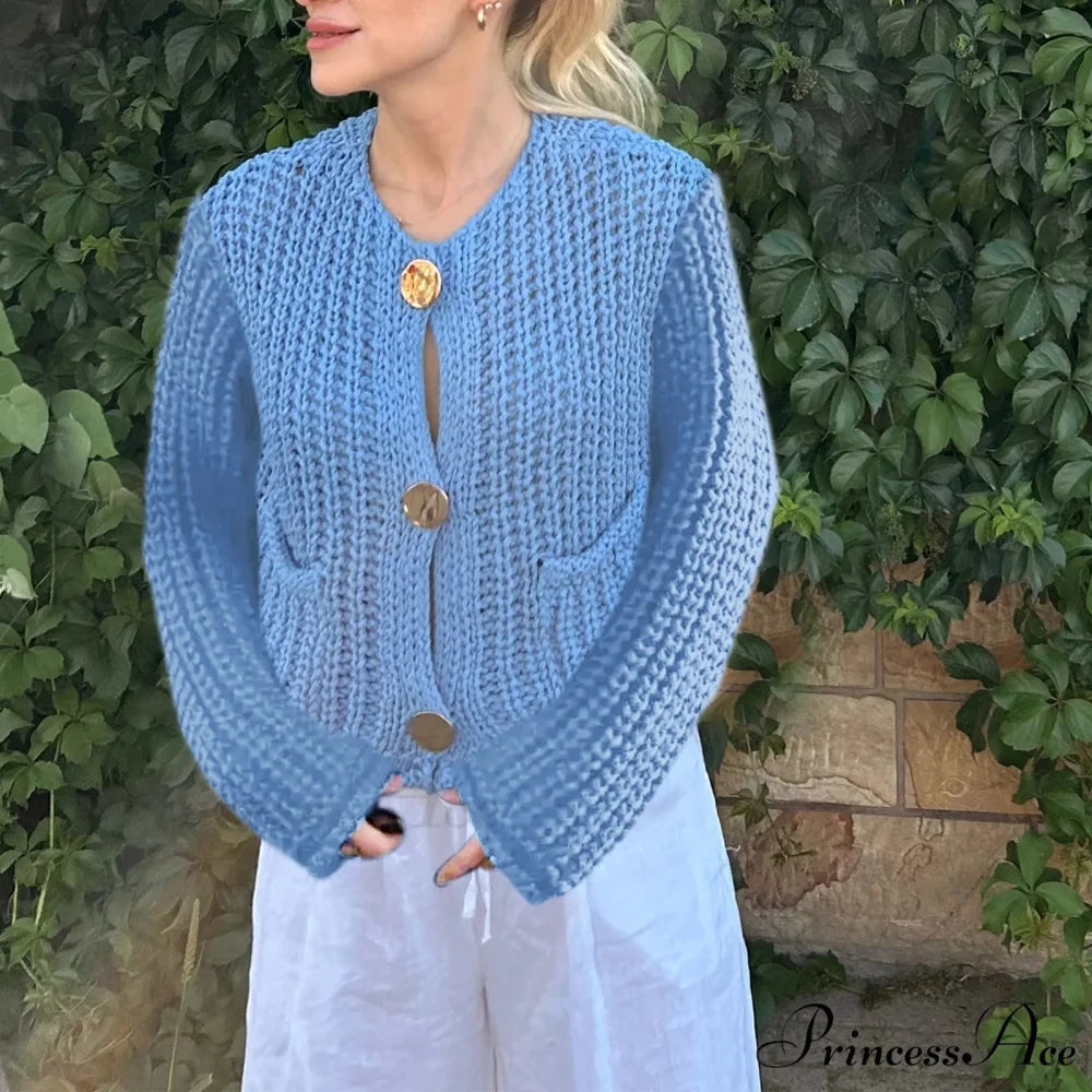 Durable Button-Up V-Neck Informal Knitted Cardigan Blue / S cardiagn-250126