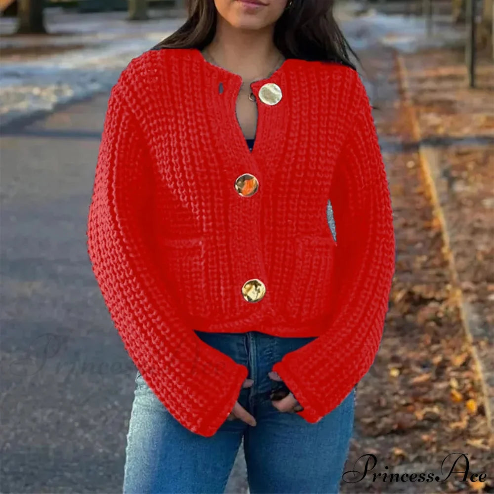 Durable Button-Up V-Neck Informal Knitted Cardigan Red / S cardiagn-250126