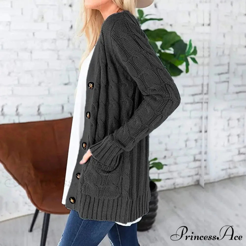 Durable Cable Knit Baggy Button Up Cardigan cardiagn-250126