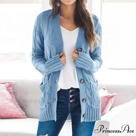 Durable Cable Knit Baggy Button Up Cardigan Sky Blue / S cardiagn-250126