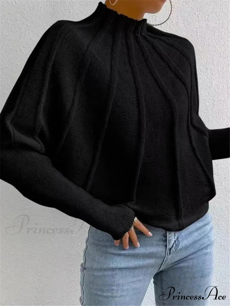 Durable Circular Neck Batball Sleeve Baggy Jumper black / S swraters-241228