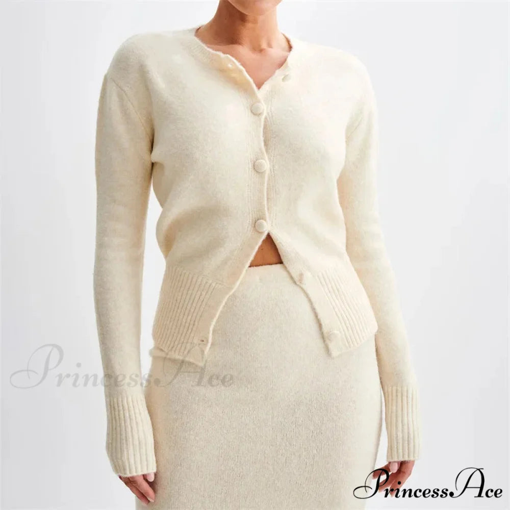 Durable Circular Neck Solo Buttoned Turn-of-the-Century Style Knitted Cardigan WHITE / S cardiagn-250126