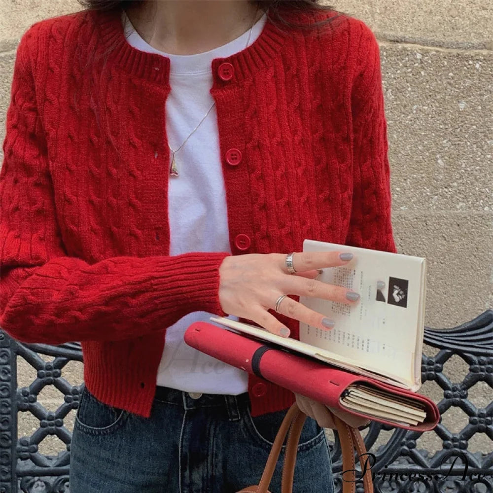 Durable Circular Neck Unfastened 2000s Fashion Knitted Cardigan red / One Size cardiagn-250126