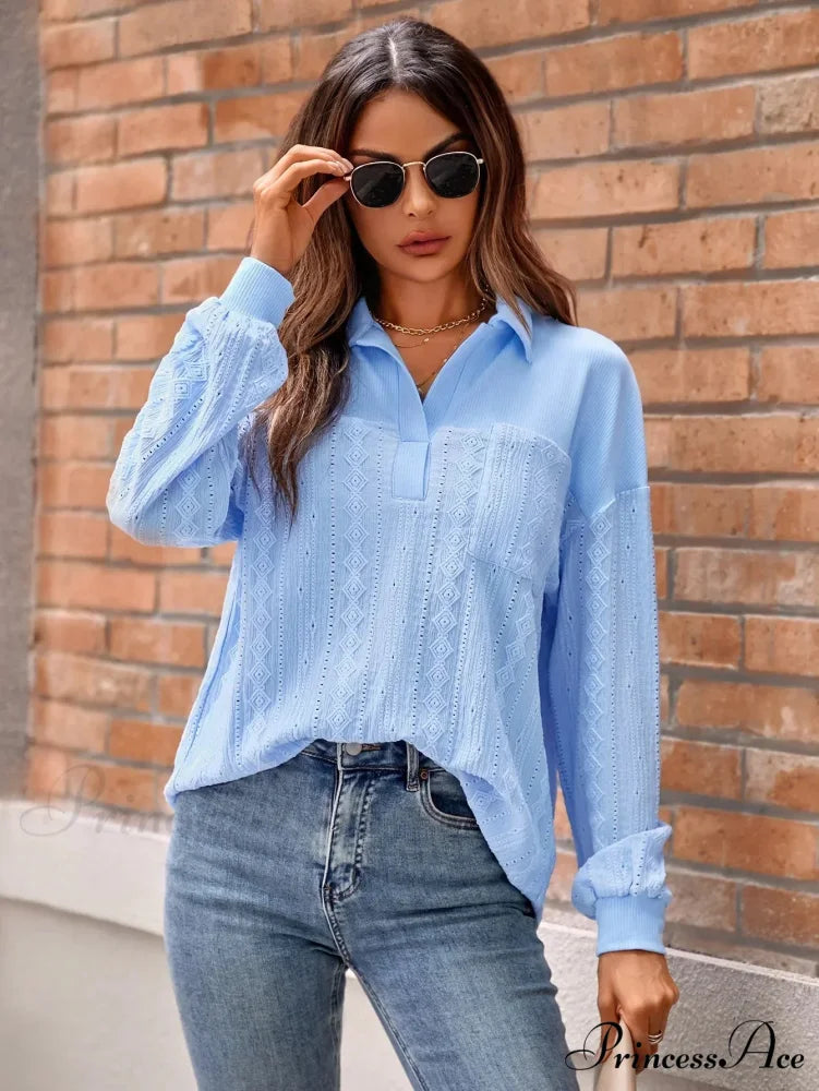 Durable Collar Pullover Knit Top Classy Top Blue / S blouse-250126