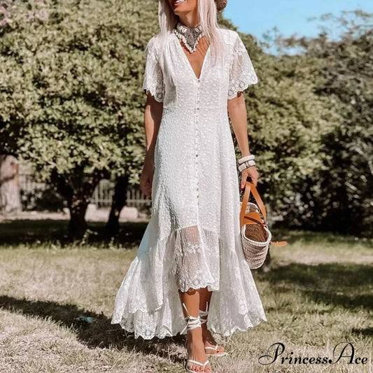 Durable Flower Short Sleeve Bohemian Dress White / S bohodress-250126
