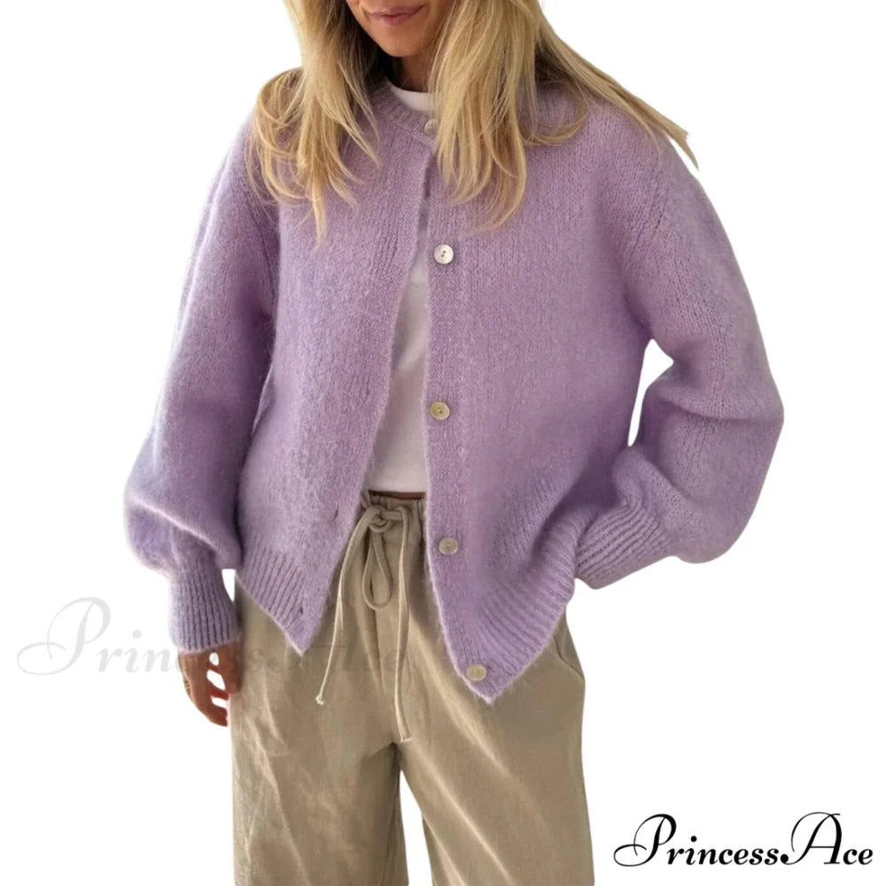 Durable Fluffy Button Up Knit Cardigan Light Purple / S cardigans-241228