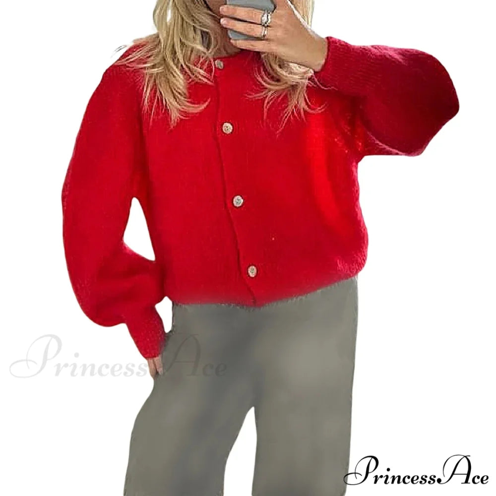 Durable Fluffy Button Up Knit Cardigan Red / S cardigans-241228