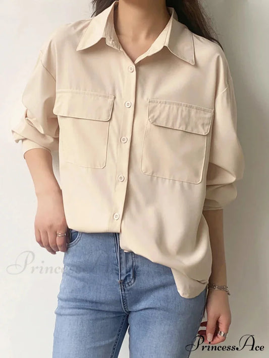 Durable Harajuku Collar Shirt Informal Shirt Beige / S blouse-250126