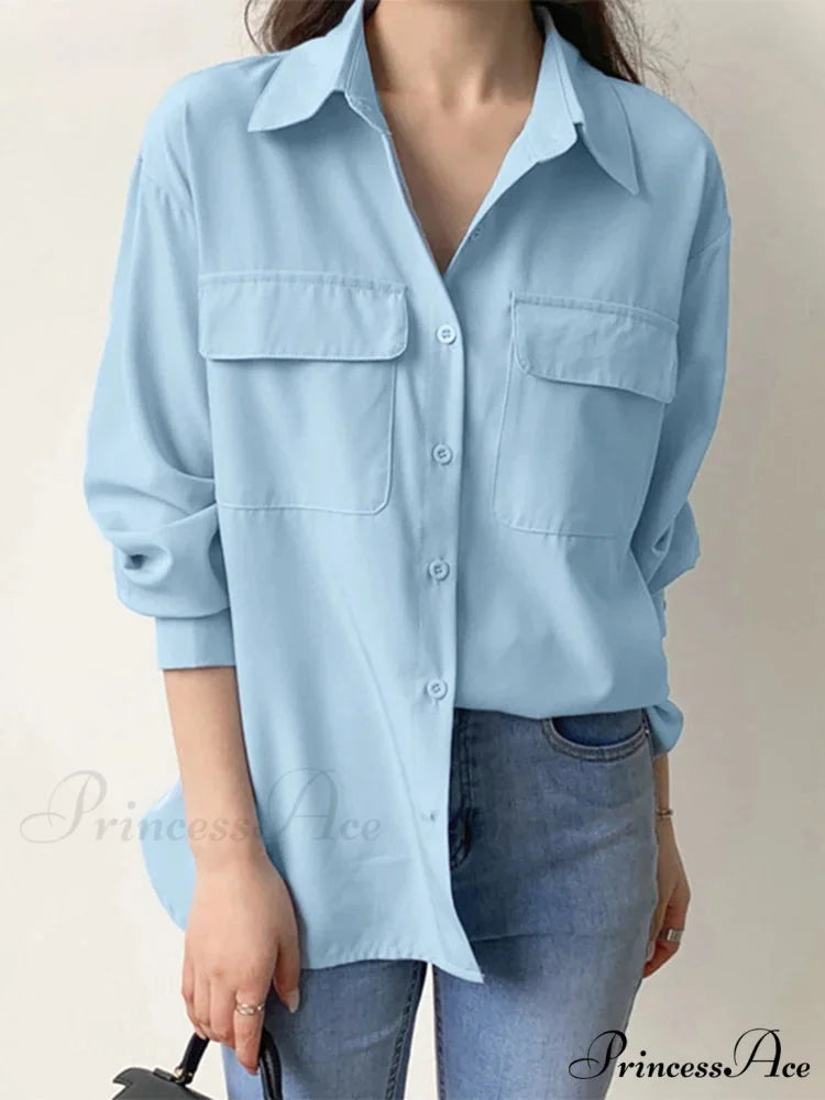 Durable Harajuku Collar Shirt Informal Shirt Blue / S blouse-250126