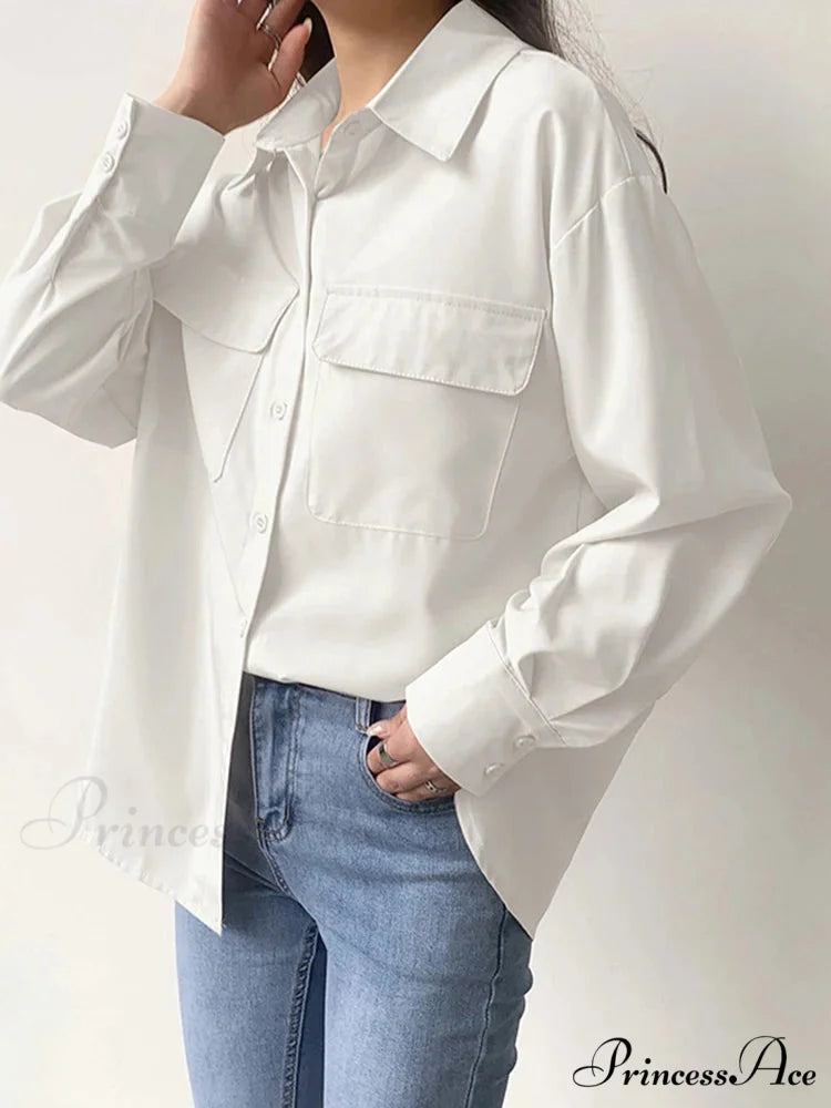 Durable Harajuku Collar Shirt Informal Shirt WHITE / S blouse-250126
