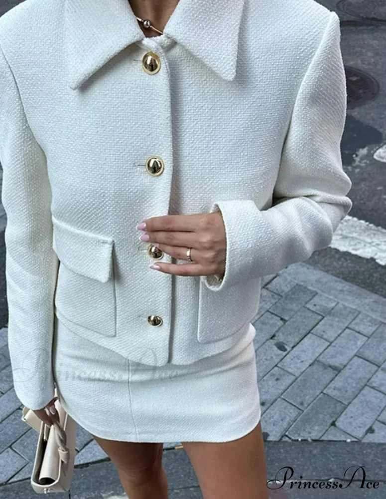 Durable Jacket Cropped Mini Skirt Workplace Two Piece Set white tops / S officetwopieceset-250223