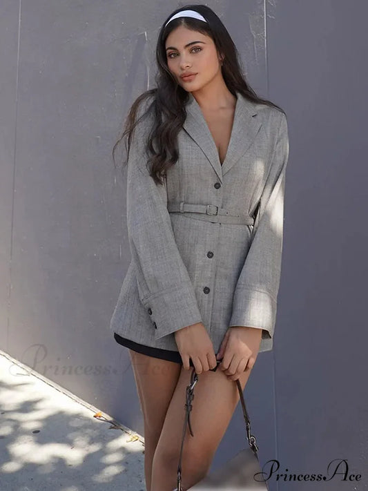 Durable Jacket with Belt V-neck Collar Coat Grey / S coats-241228