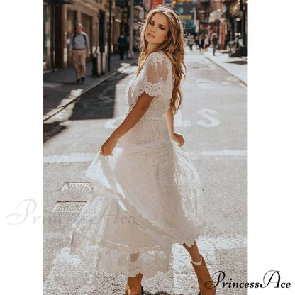 Durable Lace Short Sleeve V-neck Long Boho Dress bohodress-250126
