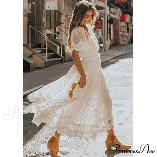 Durable Lace Short Sleeve V-neck Long Boho Dress bohodress-250126