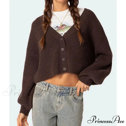 Durable Lantern Sleeve Button Down Knit Cardigan Brown / S cardiagn-250126