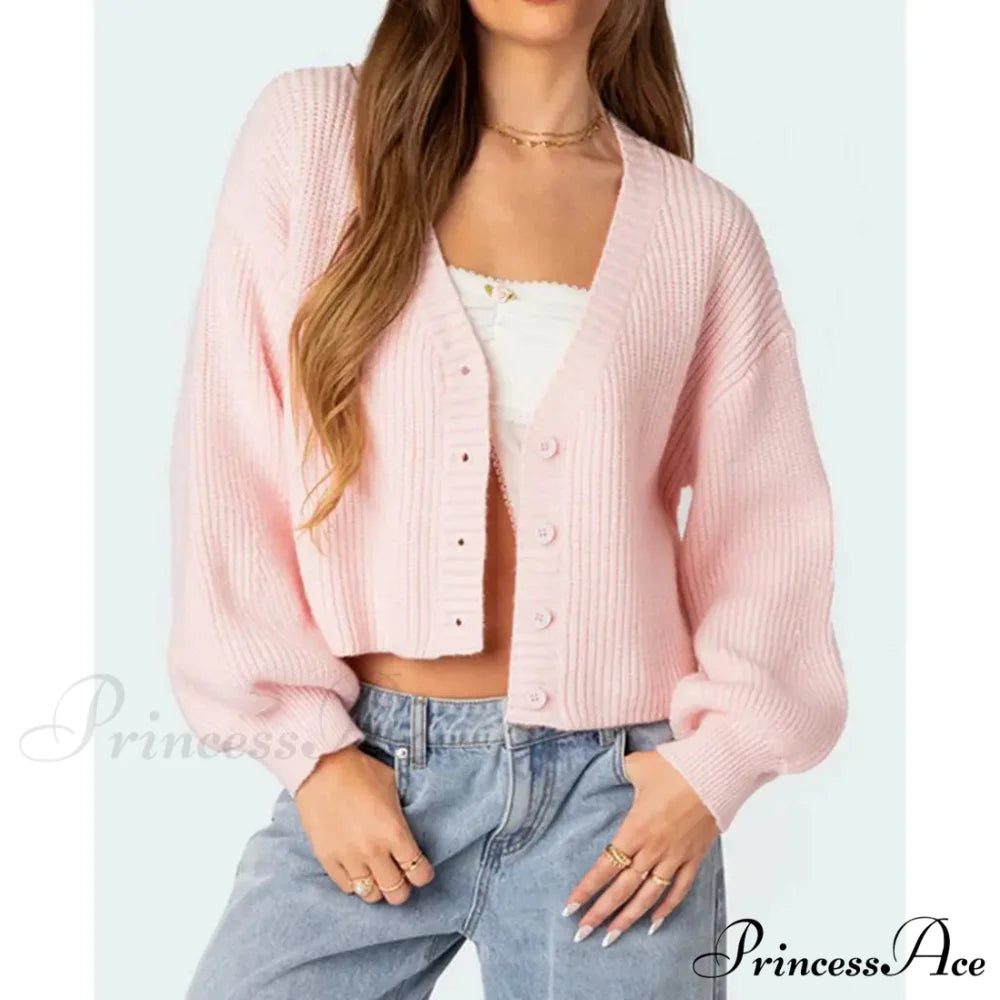 Durable Lantern Sleeve Button Down Knit Cardigan Pink / S cardiagn-250126