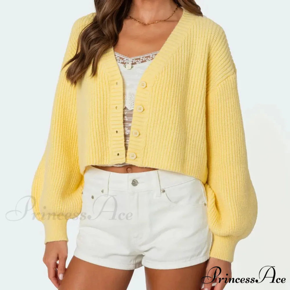 Durable Lantern Sleeve Button Down Knit Cardigan Yellow / S cardiagn-250126