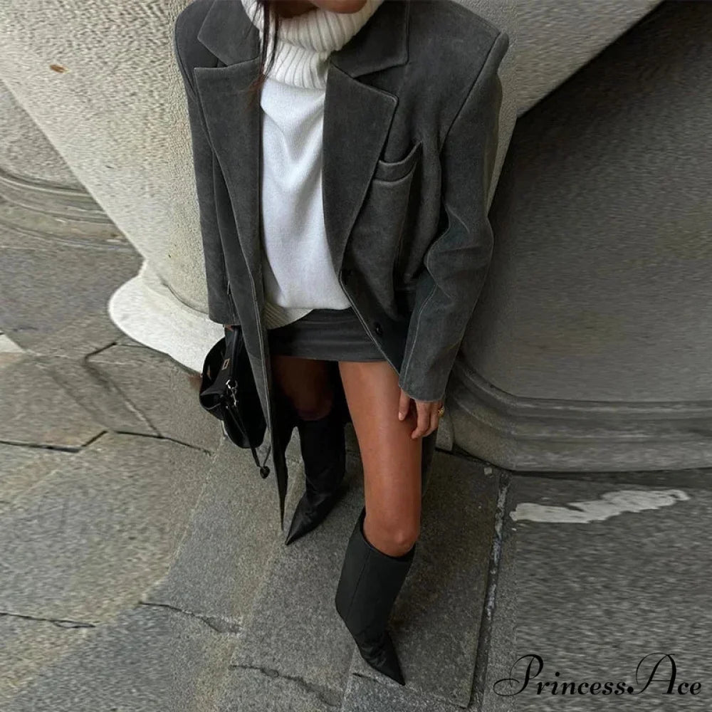 Durable Leather Collar Single-Button Overcoat Gray / S overcoats-241228