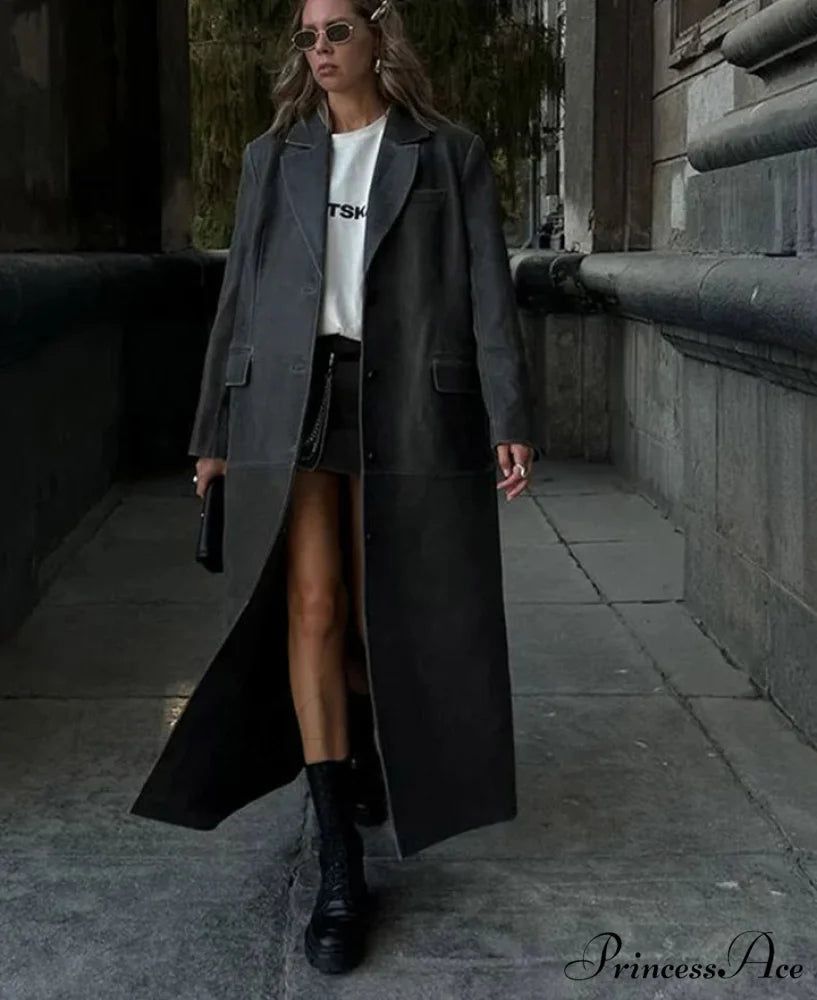 Durable Leather Collar Single-Button Overcoat overcoats-241228